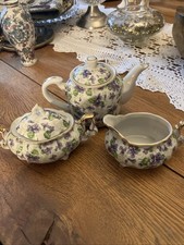 Gorgeous Small Lefton China Violets 3 Piece Set- Teapot, Sugar Bowl, Creamer