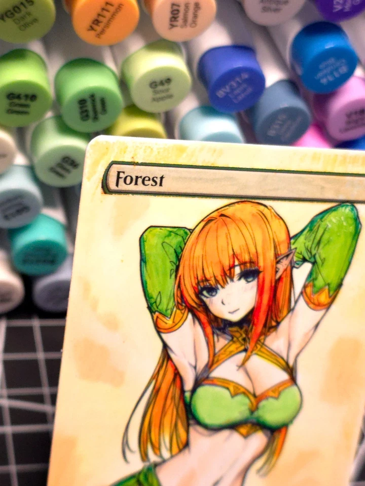 FOREST  MTG *Altered Hand Colored Original Art Anime - Redhead Waifu - 12225 - Image 3 of 4
