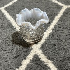 Vintage Fenton Hobnail Opalescent Glass Vase Ruffled Rim White To Clear