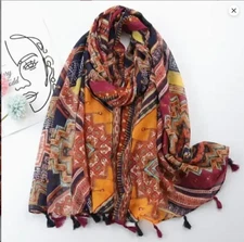 Boho Aztec Pattern Neck Scarf Tassels Trendy Fall