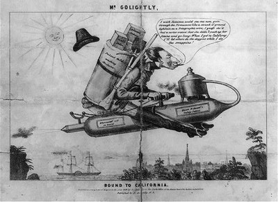 Mr. Golightly, bound to California, man riding rocket, items to sell to gold