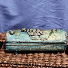 Artisan Made hand-carved Bamboo Trinket Chest Blue Turtle White Gem Ecuador Box