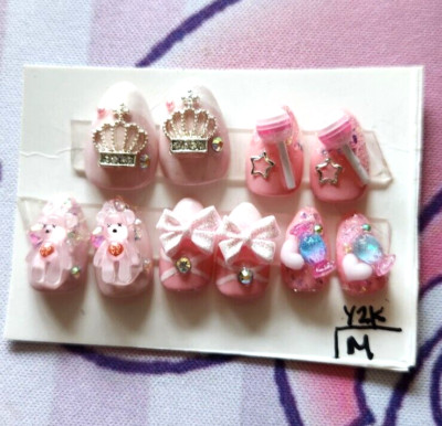 Hand Painted Custom ''Y2K'' Extra Short Almond Length Press On Nails (size M)