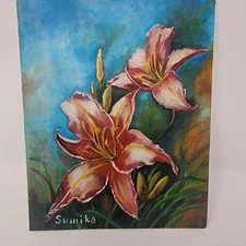Original Artist Oil Painting 8x10 Signed Sumiko Flowers Coral Pink Lilies Lily