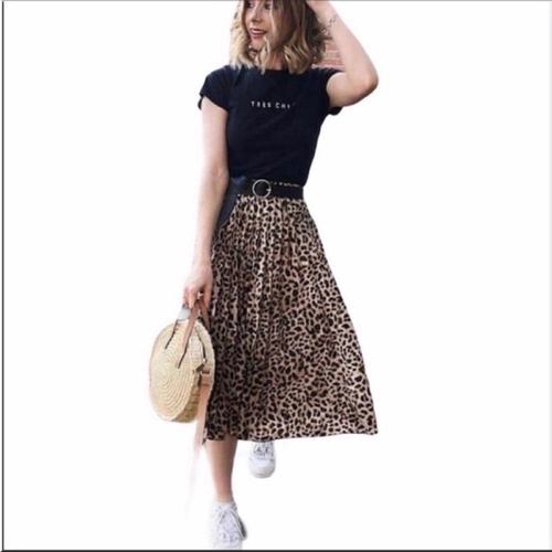RD+KOKO Pleated Midi Skirt Medium Black Brown Women's Animal Print New High Rise