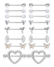 Besteel 8 Pairs Nipple Rings 14G Stainless Steel Nipplerings CZ Heart Butterf...