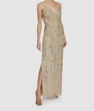 395 Aidan Mattox Women's Beige Sleeveless Beaded Column Gown Dress Size 10