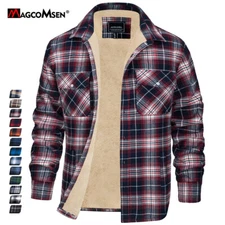 Men's Flannel Shirt Jacket Thick Fleece Lined Plaid Sherpa Cotton Casual Jackets