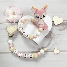 Dentizioned Nuckelkette Dentizioned Ring Pacifier Chain with Name Pink Beige White Set