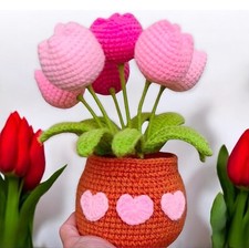 New  Tulip Flowers Pot, Pink Crochet Tulip Flowers For Home Or Office Decor.
