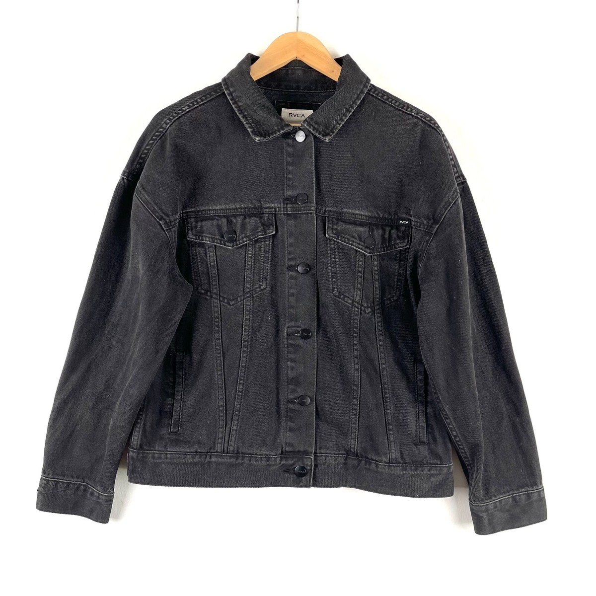 RVCA Denim Jacket Womens S Black Trucker Relaxed Fit Button Front