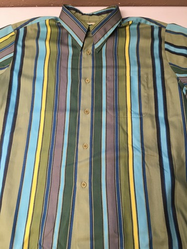 Vintage 70s SPIRE CALIFORNIA BUTTON UP SHIRT Sage Green SKY BLUE STRIPES XL - Picture 10 of 12