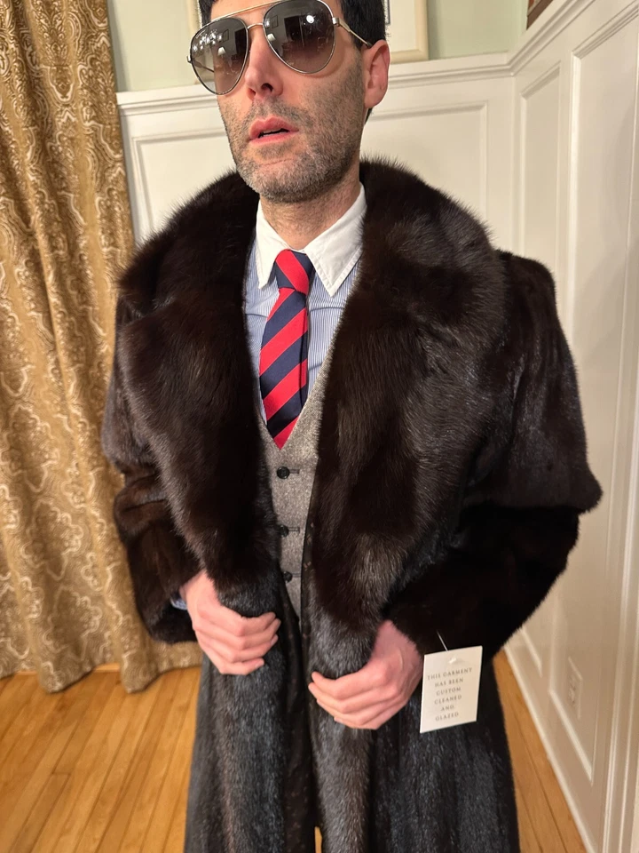 NEW 46" Mens Black Ranch Real Female Mink & Russian Sable Fur Coat Sz. 38R Small - Image 2 of 4