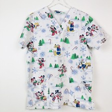 Disney Winter Snow Mickey Minnie Pluto Medium White Holiday Scrub Top