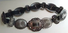 GREAT VINTAGE NAVAJO INDIAN LEATHER BELT WITH STAMPED REPOUSSE SILVER CONCHOS