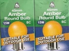 2 x 15W AMBER PARTY LIGHTBULBS  G45 BC/BAYONET BRANDED - BELL/MAXIM/CROMPTON