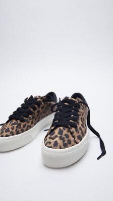 Zara Leopard Animal Print Lace Up Sneakers Trainers UK3 EU36