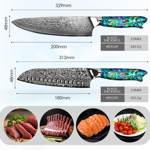 Damascus Chef's Knife Damascus Steel Santoku Nakiri Knife Abalone Shell Handle - Picture 20 of 40