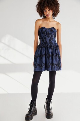 NWT FREE PEOPLE Sz 10 ANNA SUI DENIM EYELET EMBROIDERY MINI CORSET DRESS |  eBay