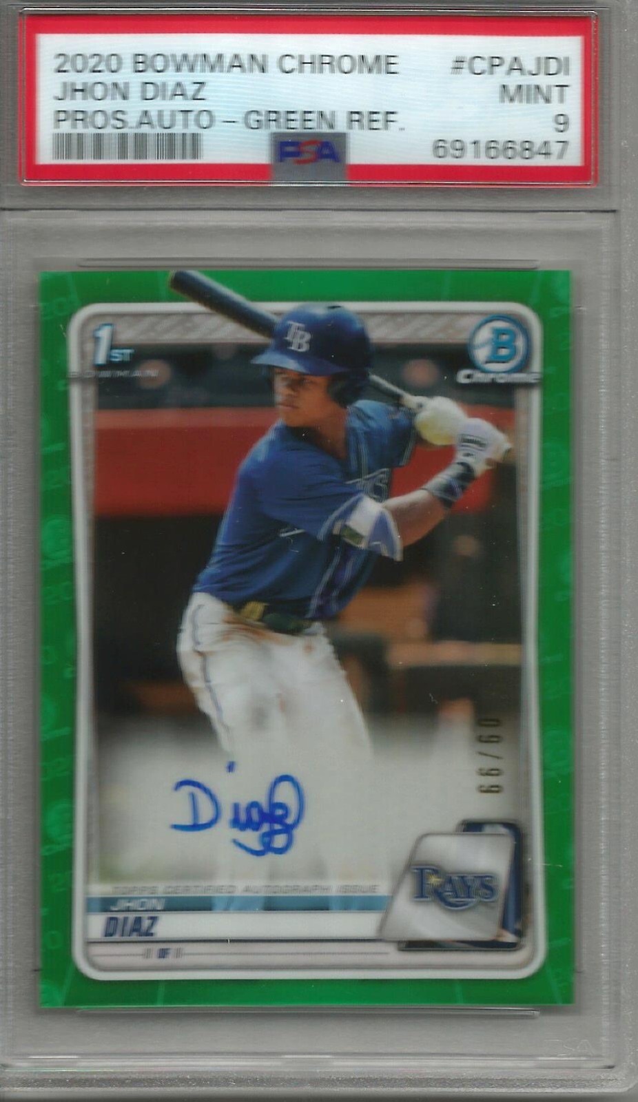 Jhon Diaz 2020 Bowman Chrome Green Refractor Autograph Rookie #09/99 PSA 9