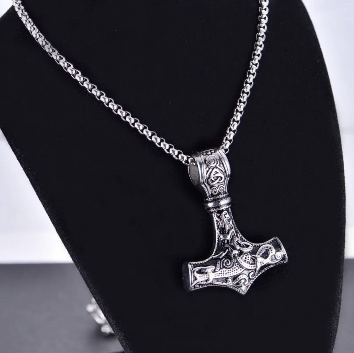 Men's Stainless Steel Viking Thor's Hammer (Mjolnir) Pendant Necklace - 25 Inch Chain