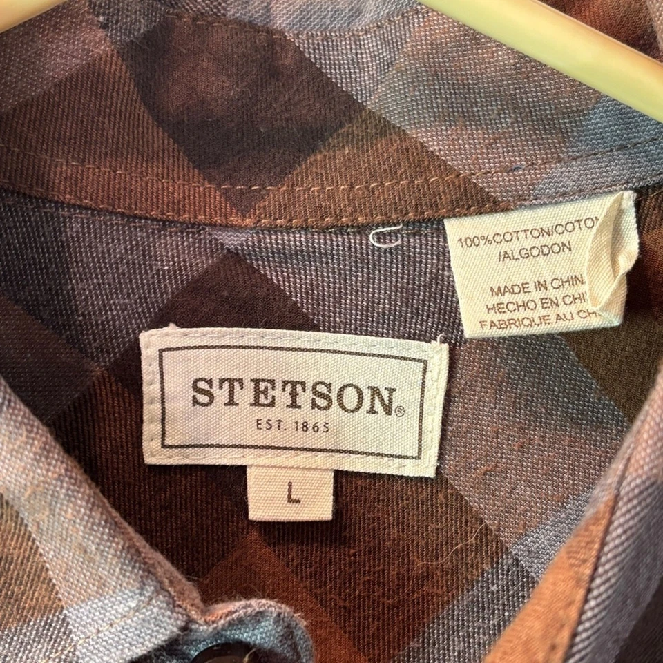 Stetson Plaid Flannel Western Shirt Brown Blue Pearl Snap Large Fall Double Flap - Image 2 of 4