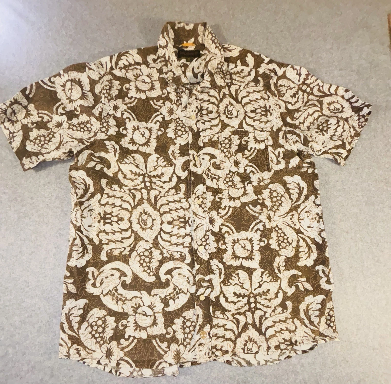 Timberland Linen Shirt XL Brown Floral Hawaiian Short Sleeve Button Up