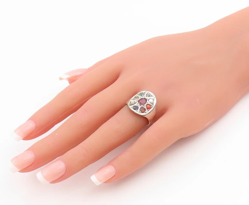 Anillo vintage de plata de ley 925 banda Navaratna de múltiples piedras preciosas talla 7,5 RG33930 Foto 3 de 4