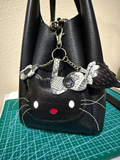Black Cat Handbag Charm Keychain w/ Chain Key Clip, Faux Leather Metal