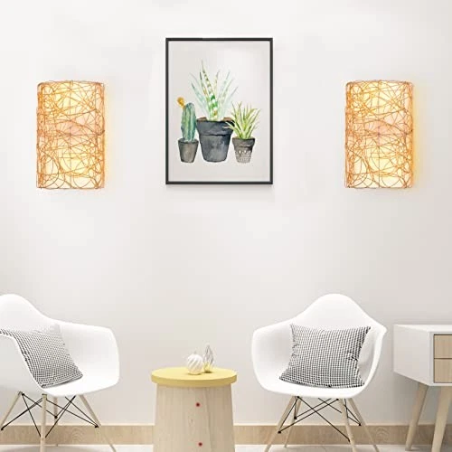 Lámparas de Pared Rústicas 2 Luces, Aplique Retro Bohemio, Ratán Tejido Natural Foto 3 de 4