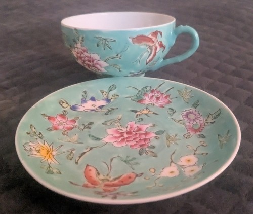 Vintage Japanese Porcelain Ware Teal Cups Saucers Decorated in Hong Kong 4 Sets - Picture 15 of 21