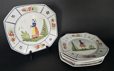 6 HB Henriot Quimper MISTRAL BLUE Octagon 10  Dinner Plate Breton Woman & Man