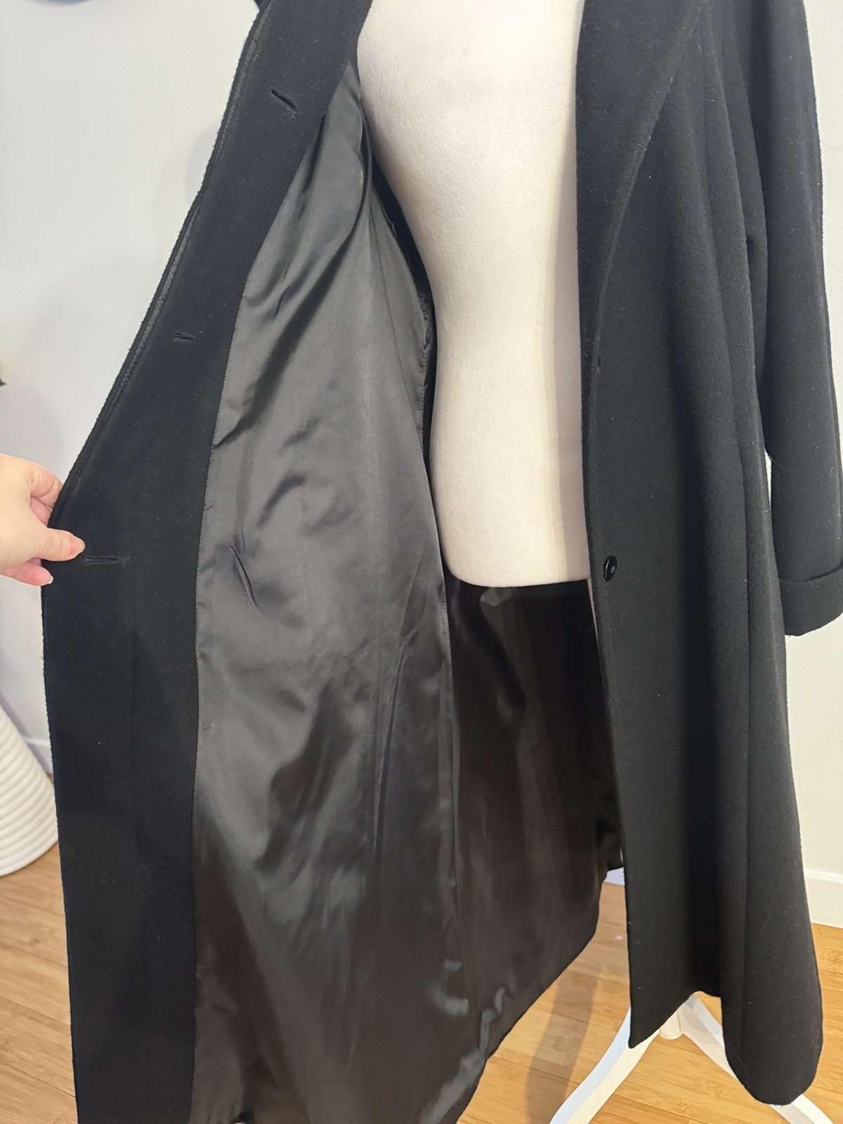 Donny Brook Long Wool Black Hooded Coat with Rabbit Fur Trim image 6