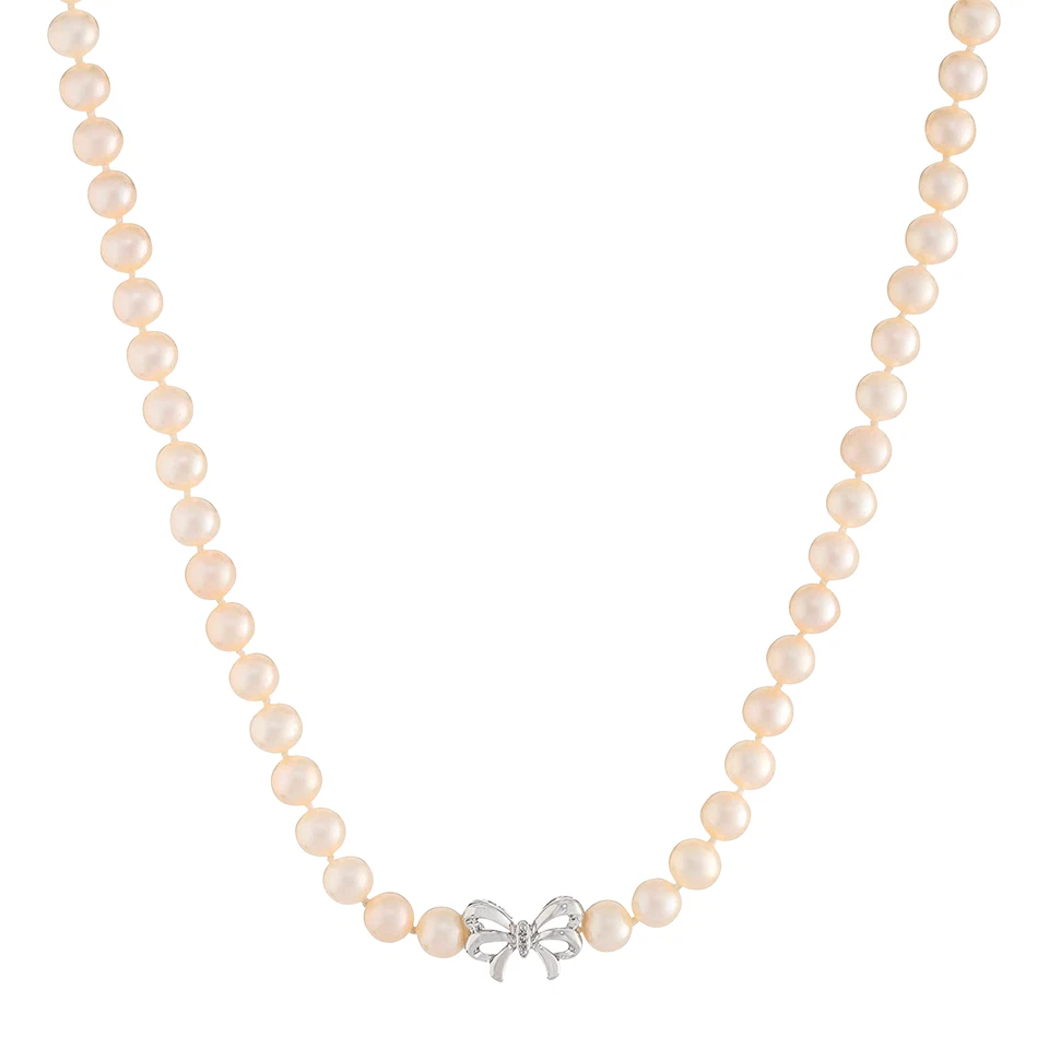 Finecraft Freshwater Cultured Pearl Bow Necklace with Diamond in Silver, 17"