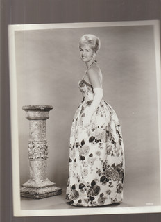 8X10 B&W PHOTO OF DEBBIE REYNOLDS IN LONG FLORAL FORMAL GOWN