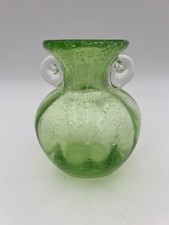 Green Bubble Art Glass 5.5” Vase With Swirl Handles, Unique Find