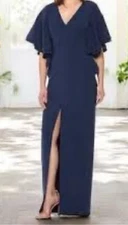 Halston Heritage Navy Flutter Sleeve Evening Maxi Dress 6 Formal Wedding Party