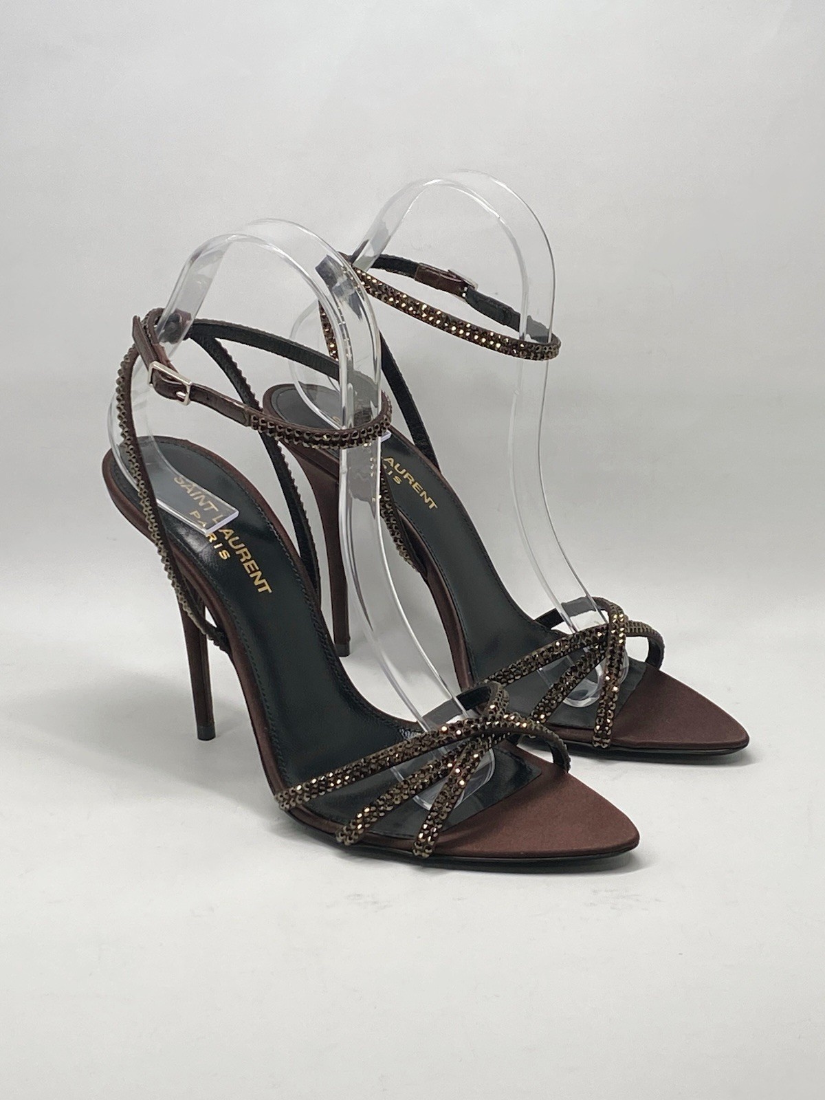 Sandali Saint Laurent Ava in raso crepe con strass taglia 37 5 vendita al dettaglio $1390