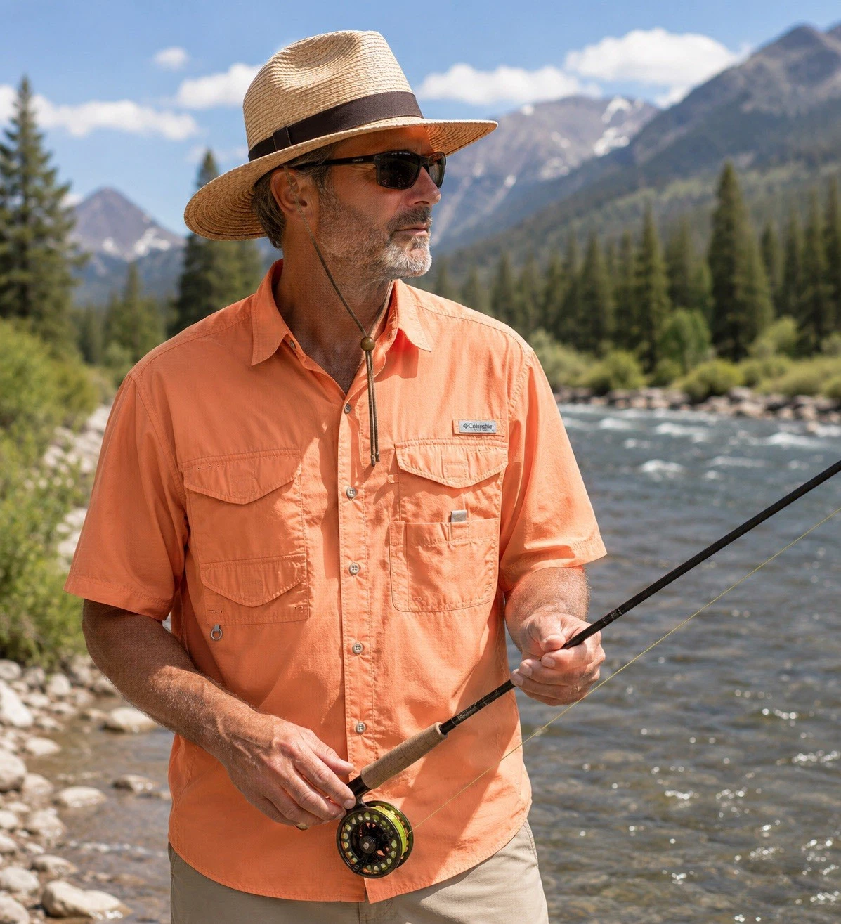 Columbia PFG Fishing Shirt Mens Large Orange Vented Omni Shade Short Sleeve
