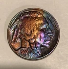 🌈1937-P Buffalo Nickel - Rainbow Toned - Full Horn - C00265