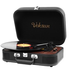 Voksun 3-Speed Bluetooth Vinyl Record Player - Vintage Suitcase Turntable Black