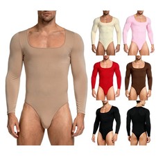 Mens Ribbed Basic Bodysuit Square Neck Long Sleeve Openable Crotch Jumpsuit Club