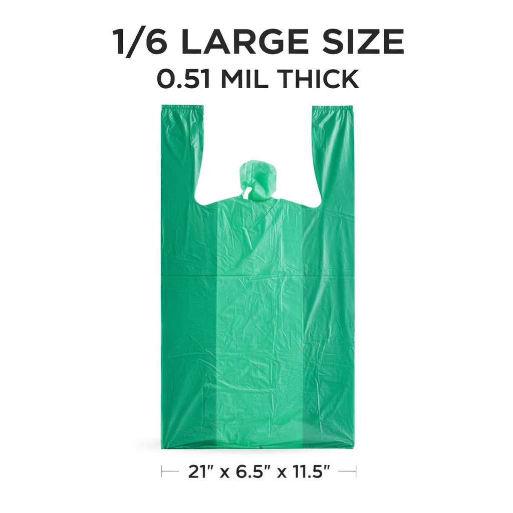 Bags 1/6 Large 21 x 6.5 x 11.5 Green T-Shirt Plastic Grocery Shopping 0.51 Mil