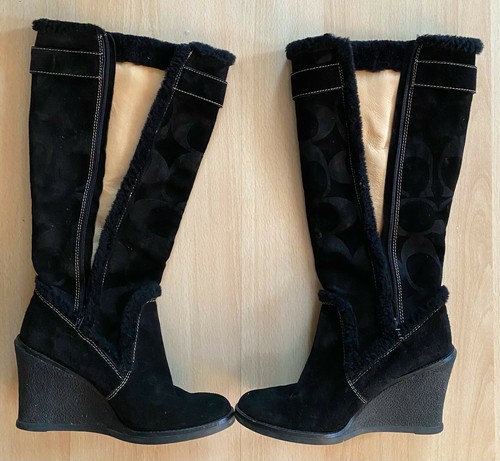 COACH US Size 8 Black Wedge Knee-High Boots with logo print & brass buckle - Picture 3 of 10