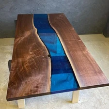 Ocean Blue Epoxy River Table ? Live Edge Walnut Wood Handmade