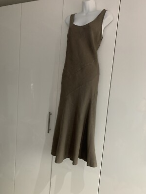 120% Lino Tank Dress Midi Length Brown Khaki Linen Lagenlook Boho Dress UK 14