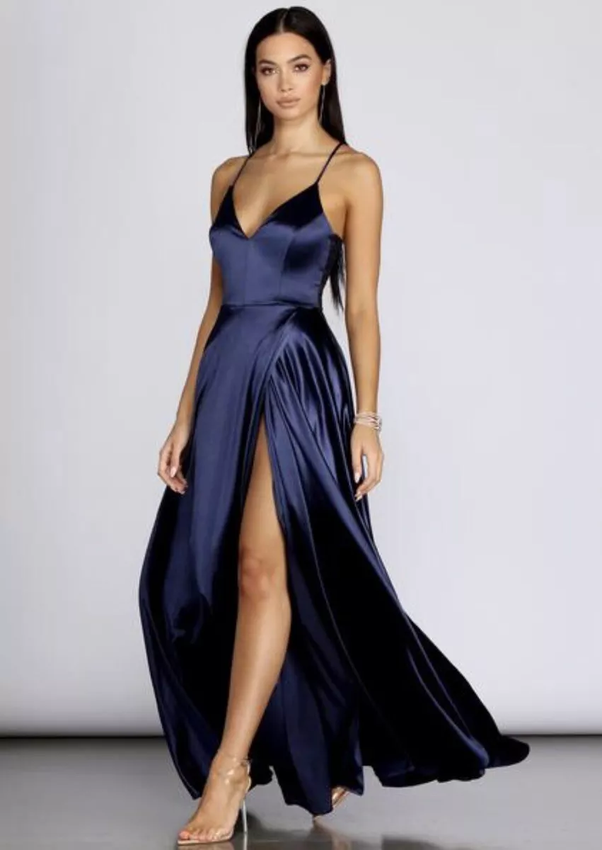 Windsor Navy Blake Lace Back Satin Navy Prom Dress with Pockets XS - NWT