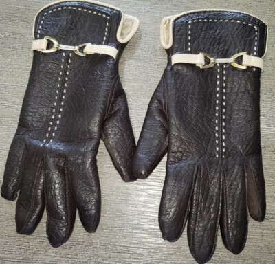 womens BROWN LEATHER WINTER GLOVES fleece lined TAN TOP STITCHING TRIM nice!