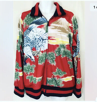 Gucci Men s Red Print Zip Up Bomber Jacket Poly With Wool Knit Trim Size XL eBay