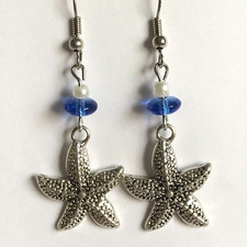 Pearl Starfish Earrings Silver Plated Sea Life Island Beach White Blue GlassBead
